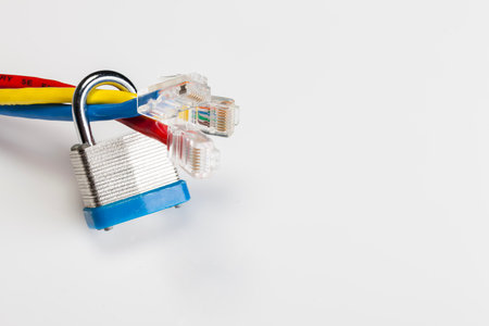 A padlock and keys with ethernet cables showing internet securityの写真素材