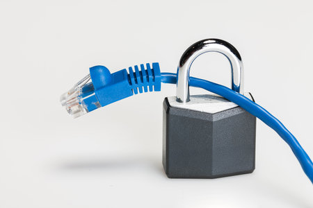 A padlock and keys with ethernet cables showing internet securityの写真素材