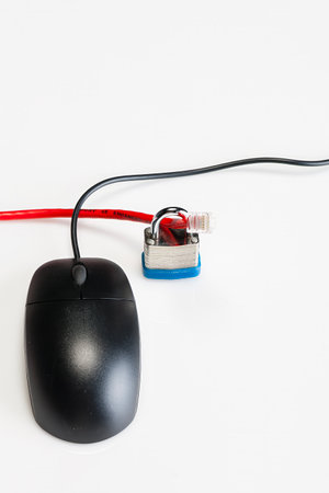 A computer mouse secured with a metal padlock rests on a white studio background, symbolizing...