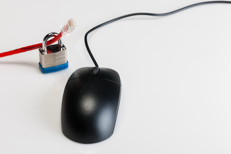 An Ethernet cable with a padlock and computer mouse wrapped around its connector rests on a white background, symbolizing cybersecurity, data protection, and the defense of digital networks.の写真素材