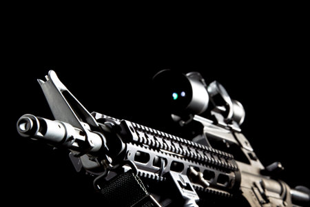 An American AR-15 assault rifle rests in a studio setting against a deep black background, dramatic shadows highlighting its sleek form, metal contours, and tactical design in stark contrast.の写真素材