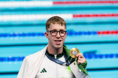 DANIEL WIFFEN (IRL) wins the Menâs 800m Freestyle at the Paris La Defense Arena during the 2024 Paris Summer Olympics in Paris, France.のeditorial素材