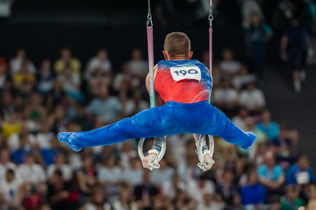 Paul Juda (USA) of the United States, competes in the Men's All-Around Finals at the Stade de France Stadium during the 2024 Paris Summer Olympics in Paris, France.の写真素材