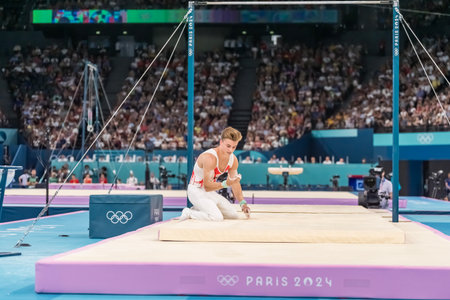 Felix Dolci (CAN) of Canada, competes in the Men's All-Around Finals at the Stade de France Stadium during the 2024 Paris Summer Olympics in Paris, France.の写真素材