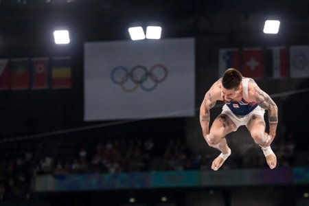 Casimir Schmidt (NED) of the Netherlands, competes in the Men's All-Around Finals at the Stade de France Stadium during the 2024 Paris Summer Olympics in Paris, France.のeditorial素材