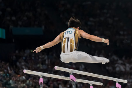 Carlos Edriel Yulo (PHI), competes in the Menâs All-Around Finals at the Stade de France Stadium during the 2024 Paris Summer Olympics in Paris, France.の写真素材