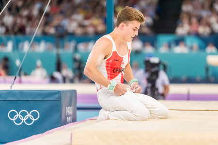 Felix Dolci (CAN) of Canada, competes in the Men's All-Around Finals at the Stade de France Stadium during the 2024 Paris Summer Olympics in Paris, France.の写真素材