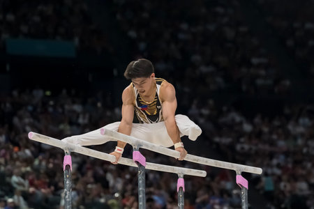 Carlos Edriel Yulo (PHI), competes in the Menâs All-Around Finals at the Stade de France Stadium during the 2024 Paris Summer Olympics in Paris, France.の写真素材