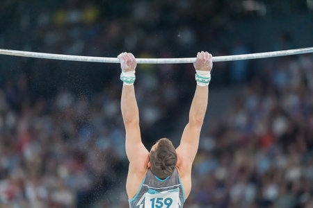 Milad Karimi (KAZ) of Kazakhstan, competes in the Men's All-Around Finals at the Stade de France Stadium during the 2024 Paris Summer Olympics in Paris, France.の写真素材