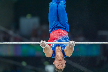Paul Juda (USA) of the United States, competes in the Men's All-Around Finals at the Stade de France Stadium during the 2024 Paris Summer Olympics in Paris, France.の写真素材