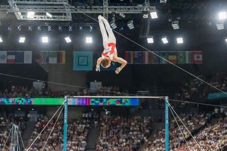 Felix Dolci (CAN) of Canada, competes in the Men's All-Around Finals at the Stade de France Stadium during the 2024 Paris Summer Olympics in Paris, France.の写真素材