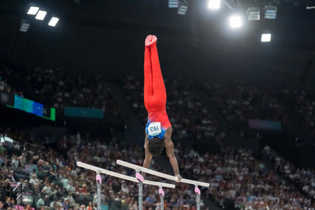 Frederick Richard (USA) of the United States, competes in the Men's All-Around Finals at the Stade de France Stadium during the 2024 Paris Summer Olympics in Paris, France.の写真素材