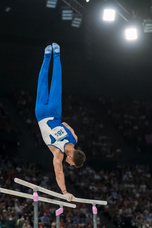 Illia Kovtun (UKR), competes in the Menâs All-Around Finals at the Stade de France Stadium during the 2024 Paris Summer Olympics in Paris, France.の写真素材
