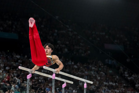 Shinnosuke Oka (JPN), competes in the Menâs All-Around Finals at the Stade de France Stadium during the 2024 Paris Summer Olympics in Paris, France.の写真素材