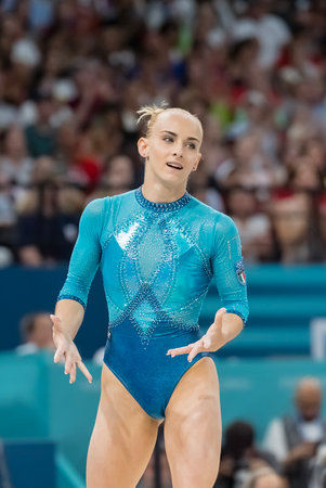 ALICE D'AMATO (ITA) of Italy, competes in the Artistic Gymnastics Women's All-Around Final at the Bercy Arena during the 2024 Paris Summer Olympics in Paris, France.の写真素材
