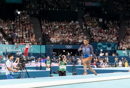SIMONE BILES (USA) of the United States, competes in the Women's All-Around Finals at the Bercy...