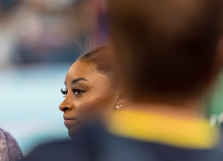 SIMONE BILES (USA) of the United States, competes in the Women's All-Around Finals at the Bercy Arena during the 2024 Paris Summer Olympics in Paris, France.の写真素材