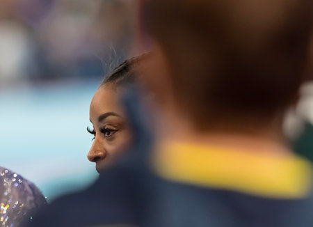 SIMONE BILES (USA) of the United States, competes in the Women's All-Around Finals at the Bercy Arena during the 2024 Paris Summer Olympics in Paris, France.の写真素材