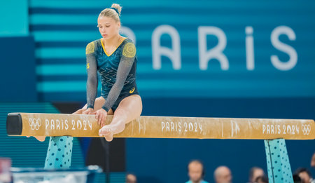 RUBY PASS (AUS) of Australia, competes in the Artistic Gymnastics Women's All-Around Final at the Bercy Arena during the 2024 Paris Summer Olympics in Paris, France.の写真素材