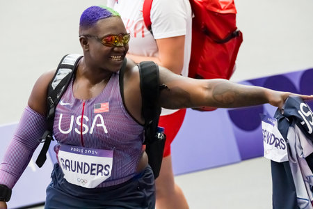 RAVEN SAUNDERS (USA) of USA, competes in the Women's Shot Put Qualification at the Stade de France Stadium during the 2024 Paris Summer Olympics in Paris, France.のeditorial素材