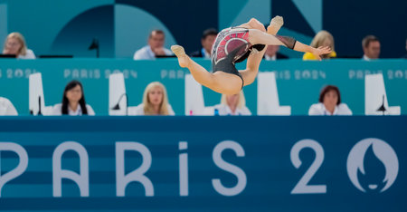 RINA KISHI (JPN) of Japan, competes in the Artistic Gymnastics Women's All-Around Final at the Bercy Arena during the 2024 Paris Summer Olympics in Paris, France.の写真素材