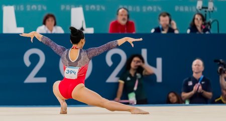 SUNISA LEE (USA) of United States, competes in the Artistic Gymnastics Women's All-Around Final at the Bercy Arena during the 2024 Paris Summer Olympics in Paris, France.のeditorial素材