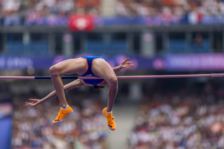 ELLA JUNNILA (FIN) of Finland, competes in the Women's High Jump at the Stade de France Stadium during the 2024 Paris Summer Olympics in Paris, France.の写真素材