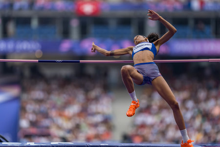 VASHTI CUNNINGHAM (USA) of the United States, competes in the Women's High Jump at the Stade de France Stadium during the 2024 Paris Summer Olympics in Paris, France.の写真素材