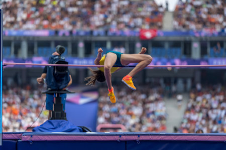 NICOLA OLYSLAGERS (AUS) of Australia, competes in the Women's High Jump at the Stade de France Stadium during the 2024 Paris Summer Olympics in Paris, France.の写真素材