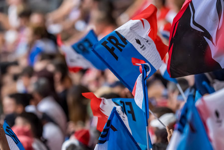 August 03, 2024-Paris, Saint-Denis:  Fans show their support for their favorite players, showing national pride and excitement during the Men's 1500m Round 1 match at the Stade de France Stadium stadium during the 2024 Paris Summer Olympics in Paris, Franのeditorial素材