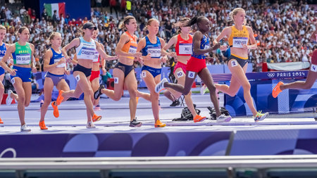 Ilona Mononen (FIN) of Finland, competes in the Women's 300m Steeplechase Round 1 at the Stade de France Stadium during the 2024 Paris Summer Olympics in Paris, France.の写真素材