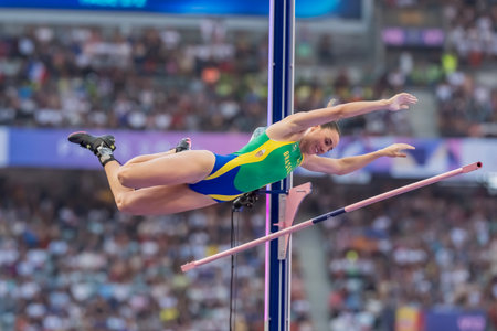 JULIANA DE MENIS CAMPOS (BRA) of Brazil, competes in the Women's Pole Vault Qualifications at the Stade de France Stadium during the 2024 Paris Summer Olympics in Paris, France.の写真素材