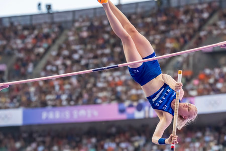 WILMA MURTO (FIN) of Finland, competes in the Women's Pole Vault Qualifications at the Stade de France Stadium during the 2024 Paris Summer Olympics in Paris, France.の写真素材