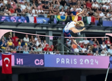 SONDRE GUTTORMSEN (NOR) of Norway, competes in the Men's Pole Vault Finals at the Stade de France Stadium during the 2024 Paris Summer Olympics in Paris, France.の写真素材
