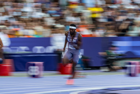 KENNETH BEDNAREK (USA) of the United States, competes in the Men's 200m Round 1 at the Stade de France Stadium during the 2024 Paris Summer Olympics in Paris, France.の写真素材