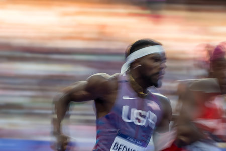 KENNETH BEDNAREK (USA) of the United States, competes in the Men's 200m Round 1 at the Stade de France Stadium during the 2024 Paris Summer Olympics in Paris, France.の写真素材