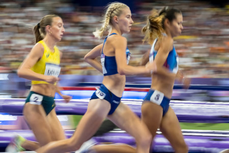 NATHALIE BLOMQVIST (FIN) of the Finland, competes in the Women's 5000m Finals at the Stade de France Stadium during the 2024 Paris Summer Olympics in Paris, France.の写真素材