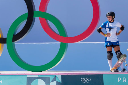 HELLI SIRVIO of Finland (FIN) competes in the Skateboarding Women's Park Prelims at the La Concorde 4 Stadium during the 2024 Paris Summer Olympics in Paris, France.の写真素材