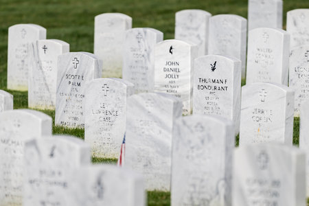 Symmetrical rows of gravestones adorned with American flags honor fallen heroes at a veterans...