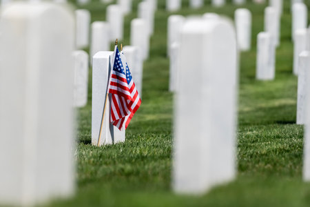 Symmetrical rows of gravestones adorned with American flags honor fallen heroes at a veterans cemetery. Lush green grass and manicured lawns set a serene scene for Memorial Day remembrance.の写真素材