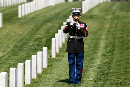 A poignant moment unfolds as a Marine plays taps, honoring a fallen veteran with a solemn salute,...