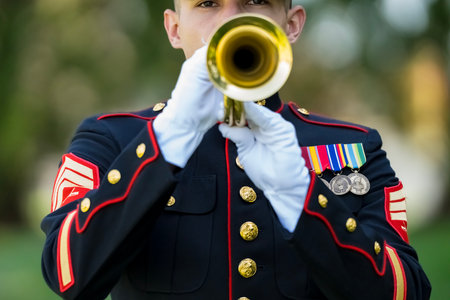 A poignant moment unfolds as a Marine plays taps, honoring a fallen veteran with a solemn salute,...