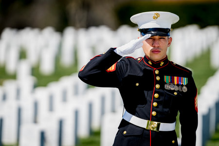 A poignant moment unfolds as a Marine plays taps, honoring a fallen veteran with a solemn salute,...