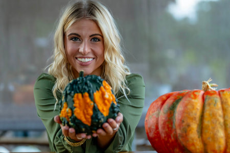 A stunning blonde model poses in a vibrant pumpkin field, wearing a stylish autumn outfit with a touch of Halloween charm. The setting glows with warm orange hues and festive seasonal vibes.の写真素材