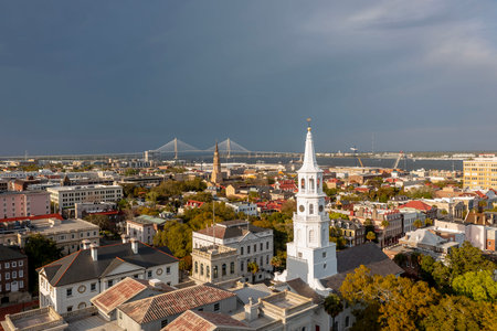 A stunning aerial view of Charleston, South Carolina reveals colorful historic homes, cobblestone streets, and waterfront charm framed by lush trees and shimmering coastal light.のeditorial素材