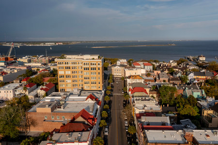 A stunning aerial view of Charleston, South Carolina reveals colorful historic homes, cobblestone streets, and waterfront charm framed by lush trees and shimmering coastal light.