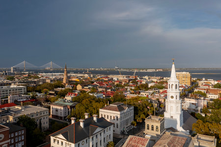 A stunning aerial view of Charleston, South Carolina reveals colorful historic homes, cobblestone streets, and waterfront charm framed by lush trees and shimmering coastal light.のeditorial素材