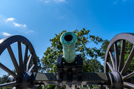 A solemn view of Marietta Confederate Cemetery in Georgia, final resting place of over 3,000 soldiers from 14 states, honoring those lost in battles like Chickamauga, Kolbâs Farm, and Kennesaw Mountain.の写真素材