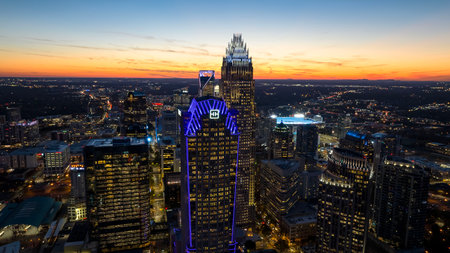 Aerial view of the Queen City, Charlotte, North Carolina at nightのeditorial素材