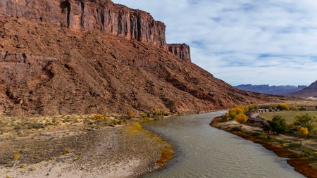 Aerial photography of Utah's mesmerizing rock formations capturing the breathtaking geological wonders of the state along the Colorado River.の写真素材